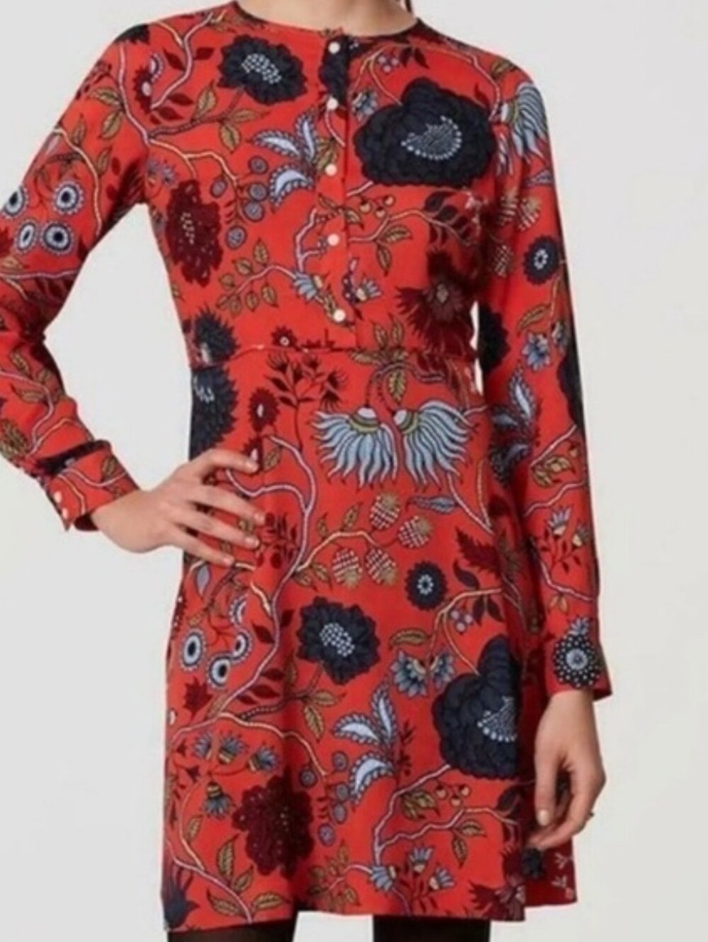 LOFT Red Floral Long-Sleeve A-Line Size 6 Dress